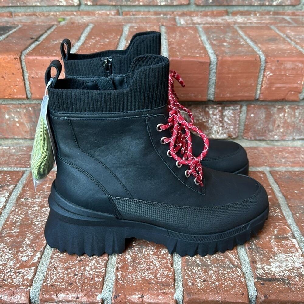 Nurture Whitney Water Resistant Leather Platform Boots Black Lug Sole Combat 7.5